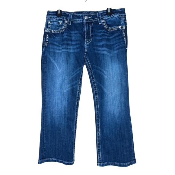 Miss Me Embellished Capri Jeans 32 Bling Studded Whiskered Crop Denim - Picture 1 of 9